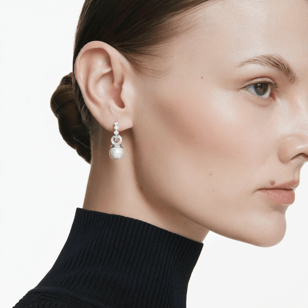 Swarovski Matrix drop earrings Crystal pearl, White, Rhodium plated -Swarovski