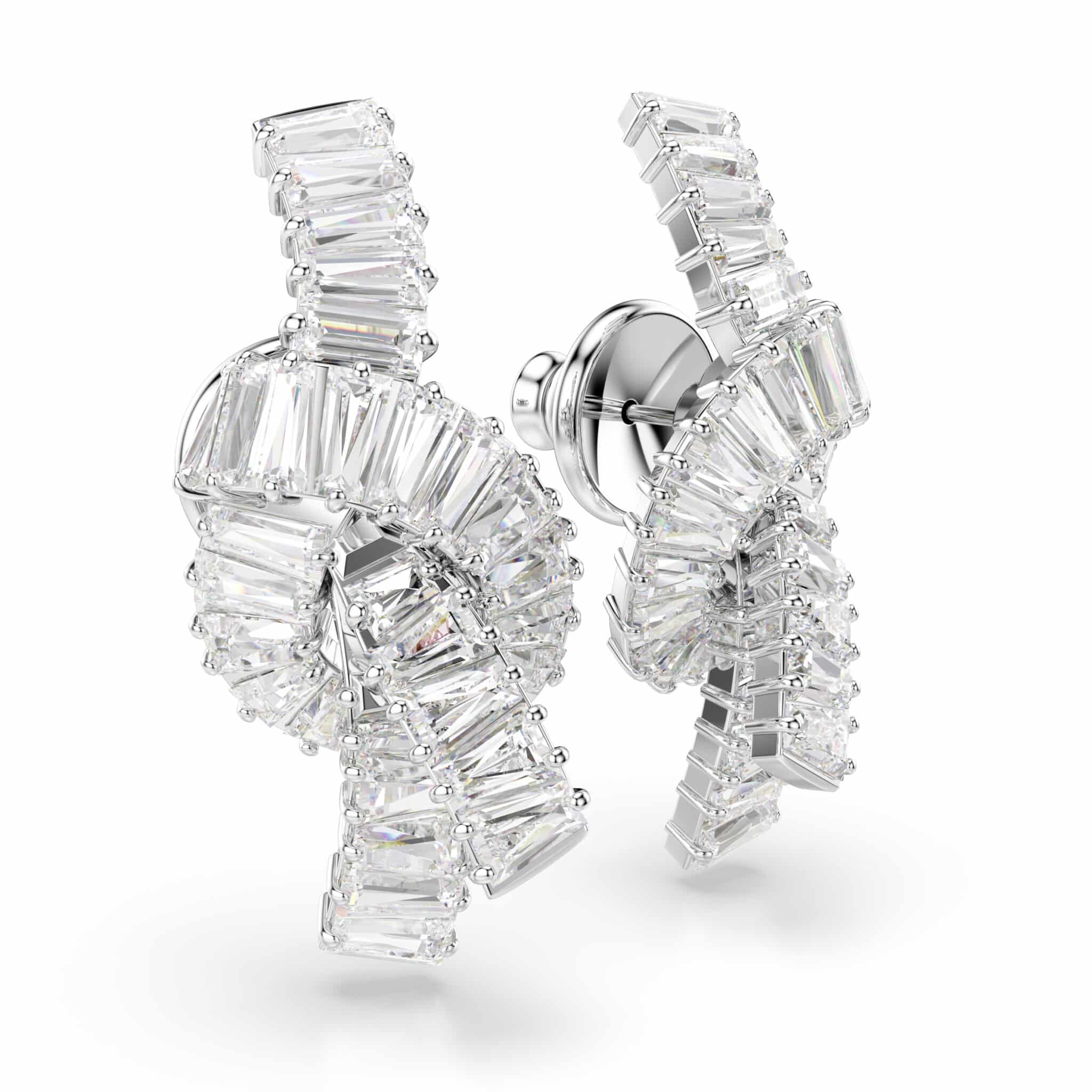 Swarovski Matrix Earrings, Baguette Cut, Knot, White, Rhodium Plated -Swarovski