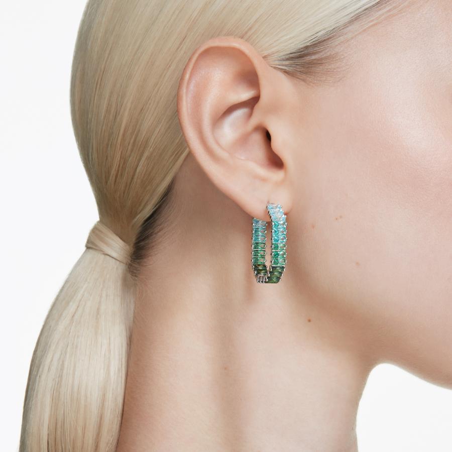 Swarovski Matrix Hoop Earrings, Baguette Cut, Green, Rhodium Plated -Swarovski