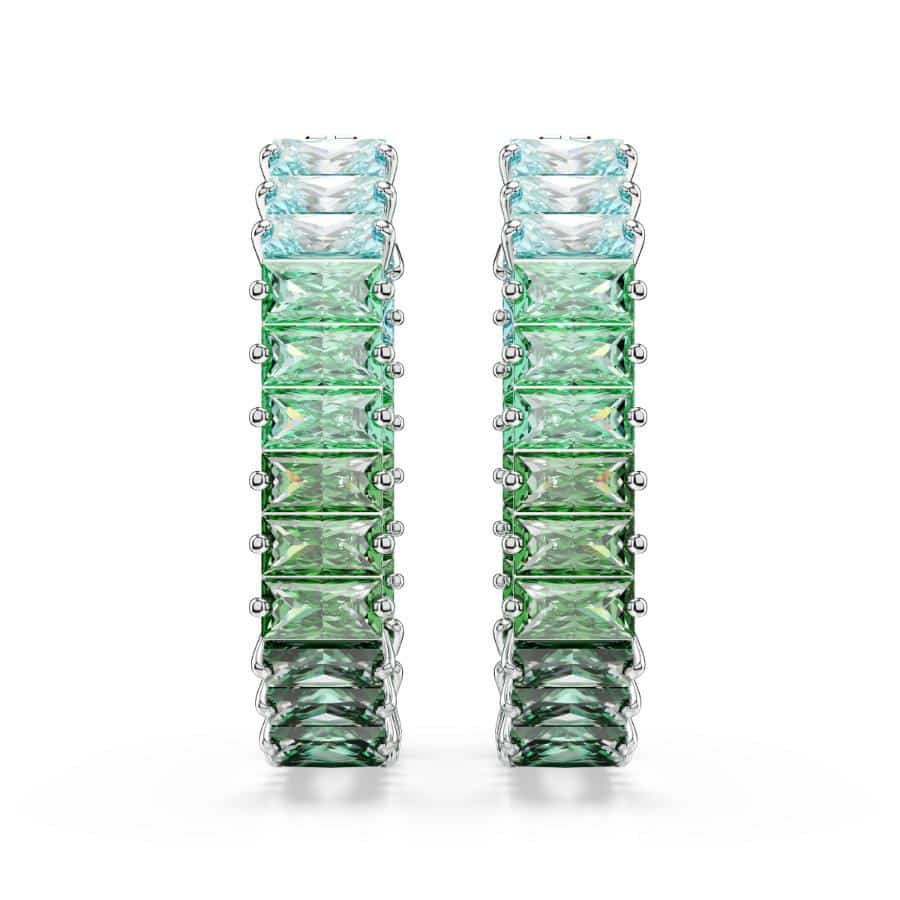 Swarovski Matrix Hoop Earrings, Baguette Cut, Green, Rhodium Plated -Swarovski