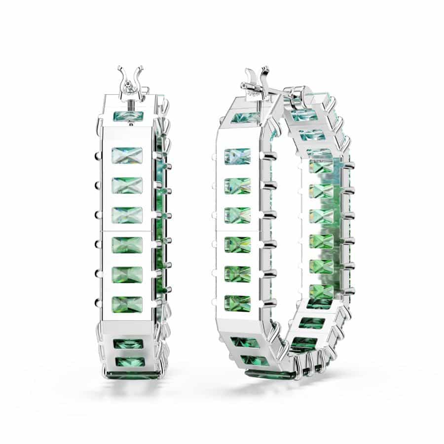Swarovski Matrix Hoop Earrings, Baguette Cut, Green, Rhodium Plated -Swarovski