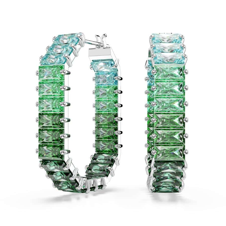 Swarovski Matrix Hoop Earrings, Baguette Cut, Green, Rhodium Plated -Swarovski