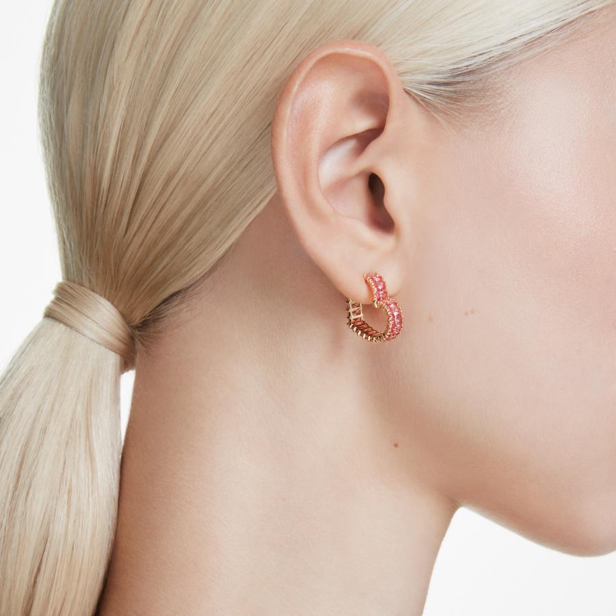 Swarovski Matrix Hoop Earrings, Baguette Cut, Heart, Small, Pink, Gold-tone Plated -Swarovski
