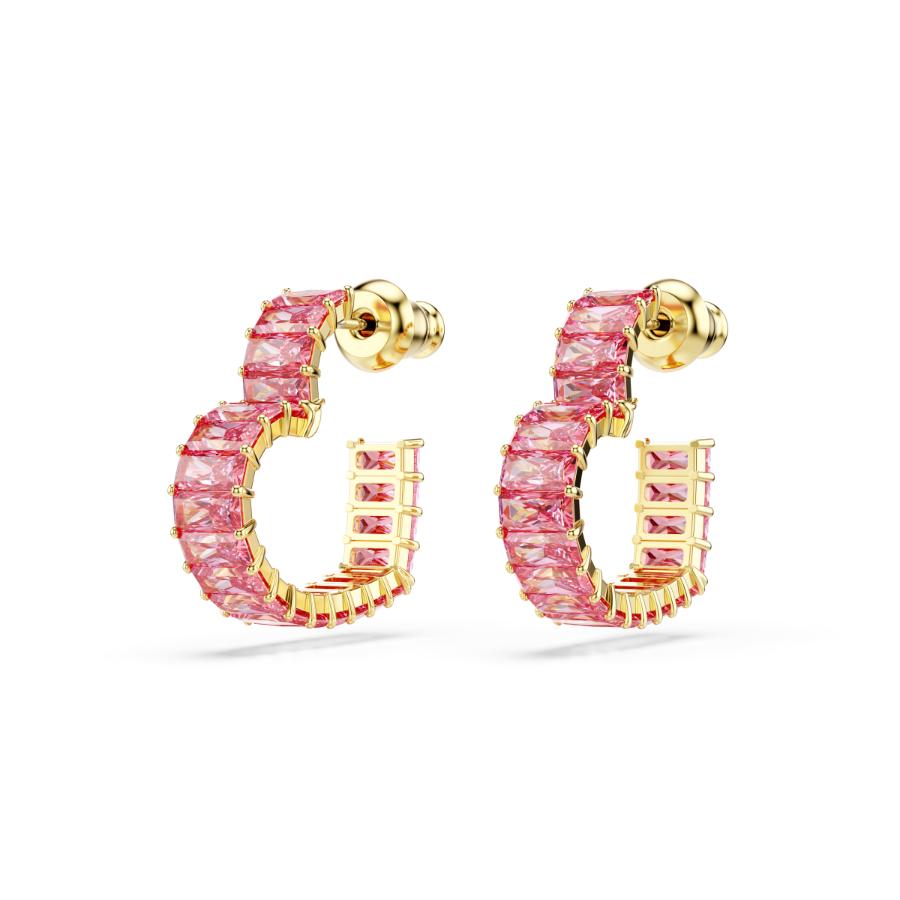 Swarovski Matrix Hoop Earrings, Baguette Cut, Heart, Small, Pink, Gold-tone Plated -Swarovski