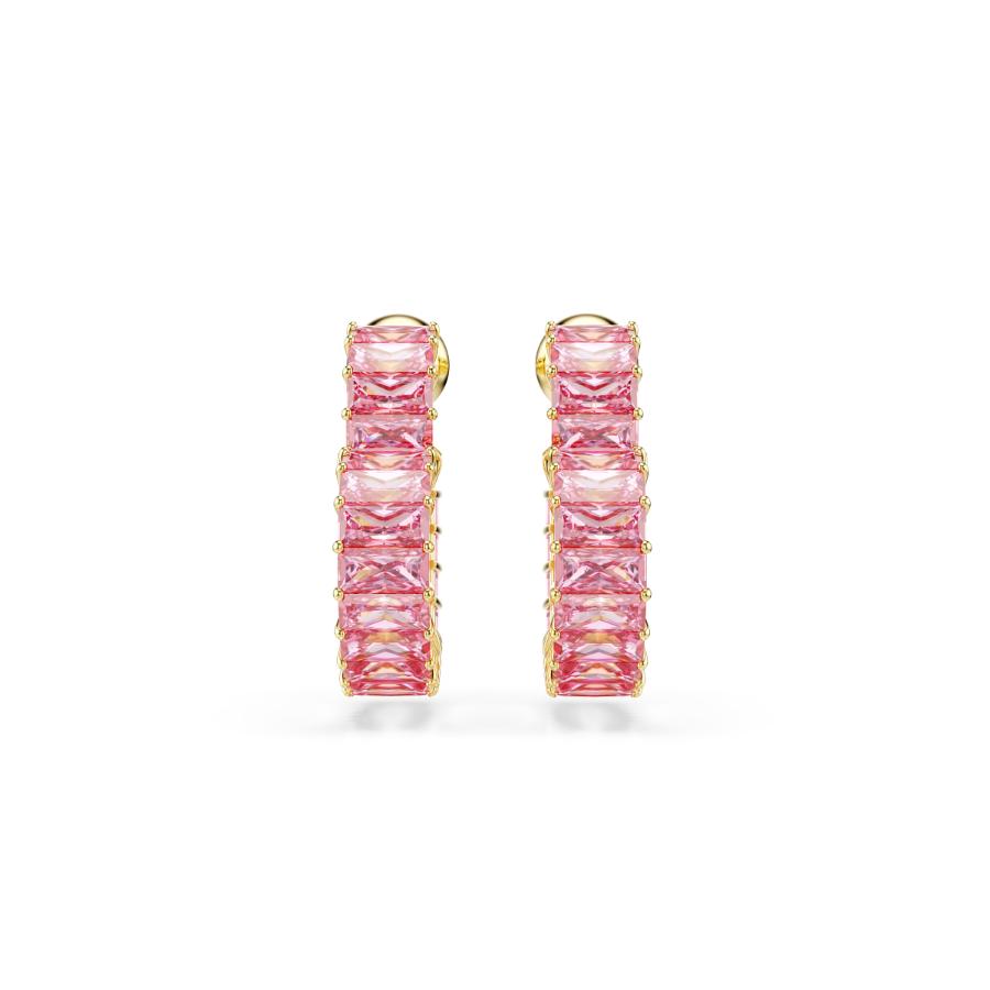 Swarovski Matrix Hoop Earrings, Baguette Cut, Heart, Small, Pink, Gold-tone Plated -Swarovski