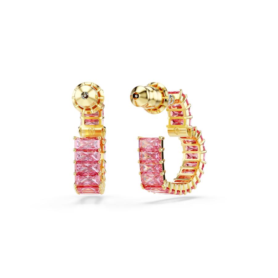 Swarovski Matrix Hoop Earrings, Baguette Cut, Heart, Small, Pink, Gold-tone Plated -Swarovski