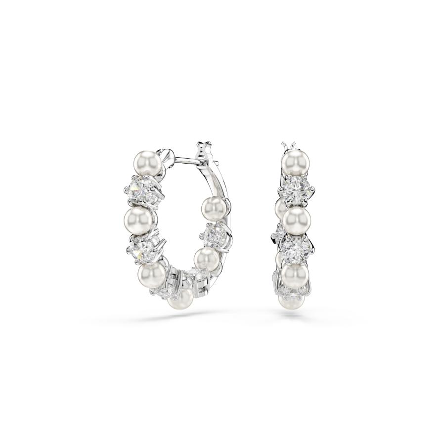 Swarovski Matrix Hoop Earrings, Crystal Pearl, Round Cut, White, Rhodium Plated -Swarovski