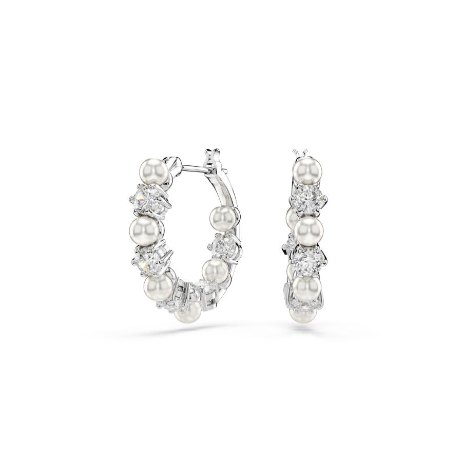 Swarovski Matrix Hoop Earrings, Crystal Pearl, Round Cut, White, Rhodium Plated -Swarovski