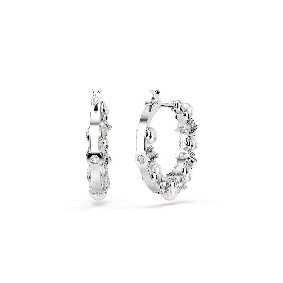 Swarovski Matrix Hoop Earrings, Crystal Pearl, Round Cut, White, Rhodium Plated -Swarovski
