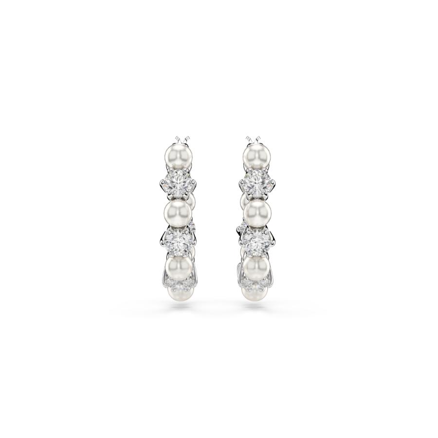 Swarovski Matrix Hoop Earrings, Crystal Pearl, Round Cut, White, Rhodium Plated -Swarovski
