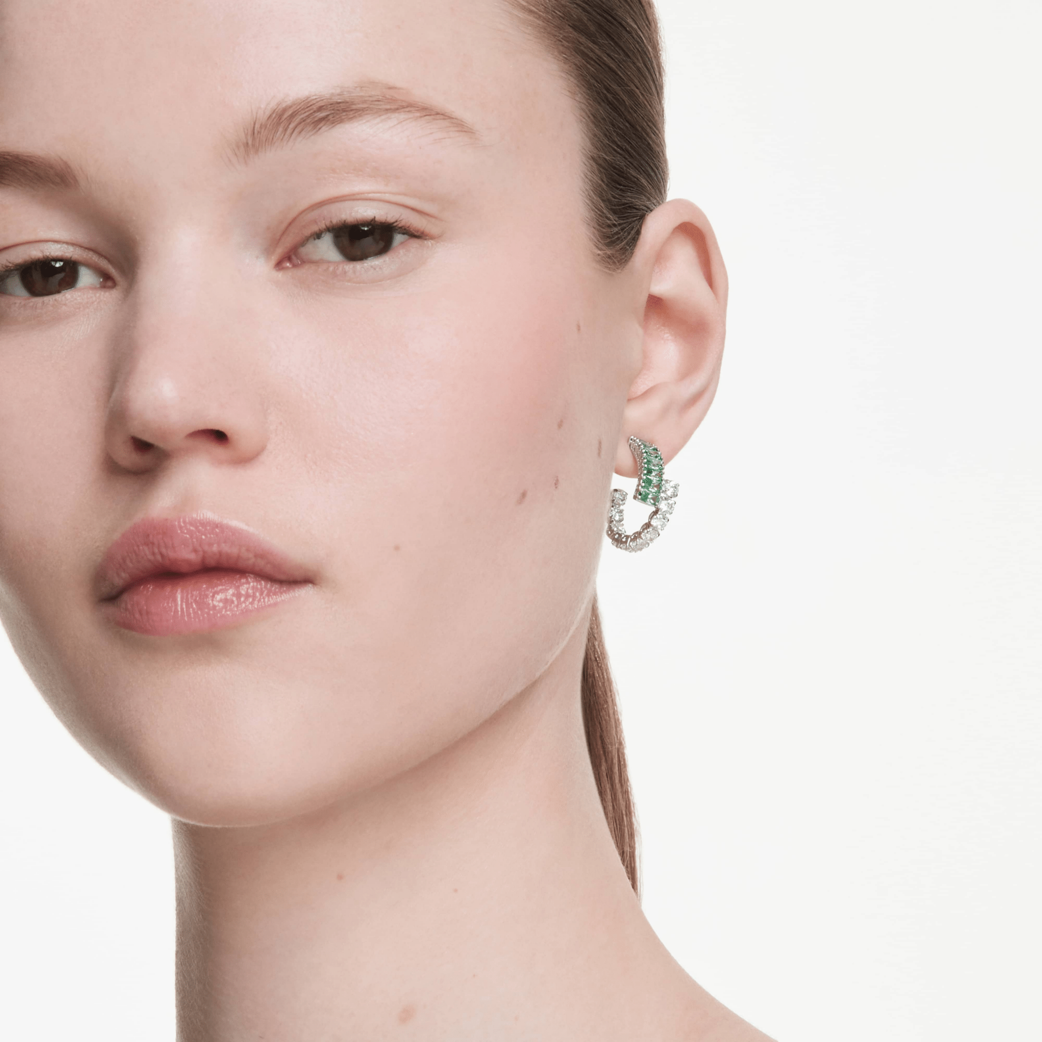 Swarovski Matrix Hoop Earrings, Mixed Cuts, Green, Rhodium Plated -Swarovski