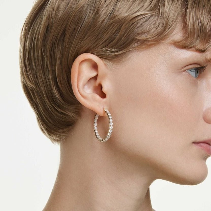 Swarovski Matrix Hoop Earrings, Round cut, White, Gold-tone plated -Swarovski