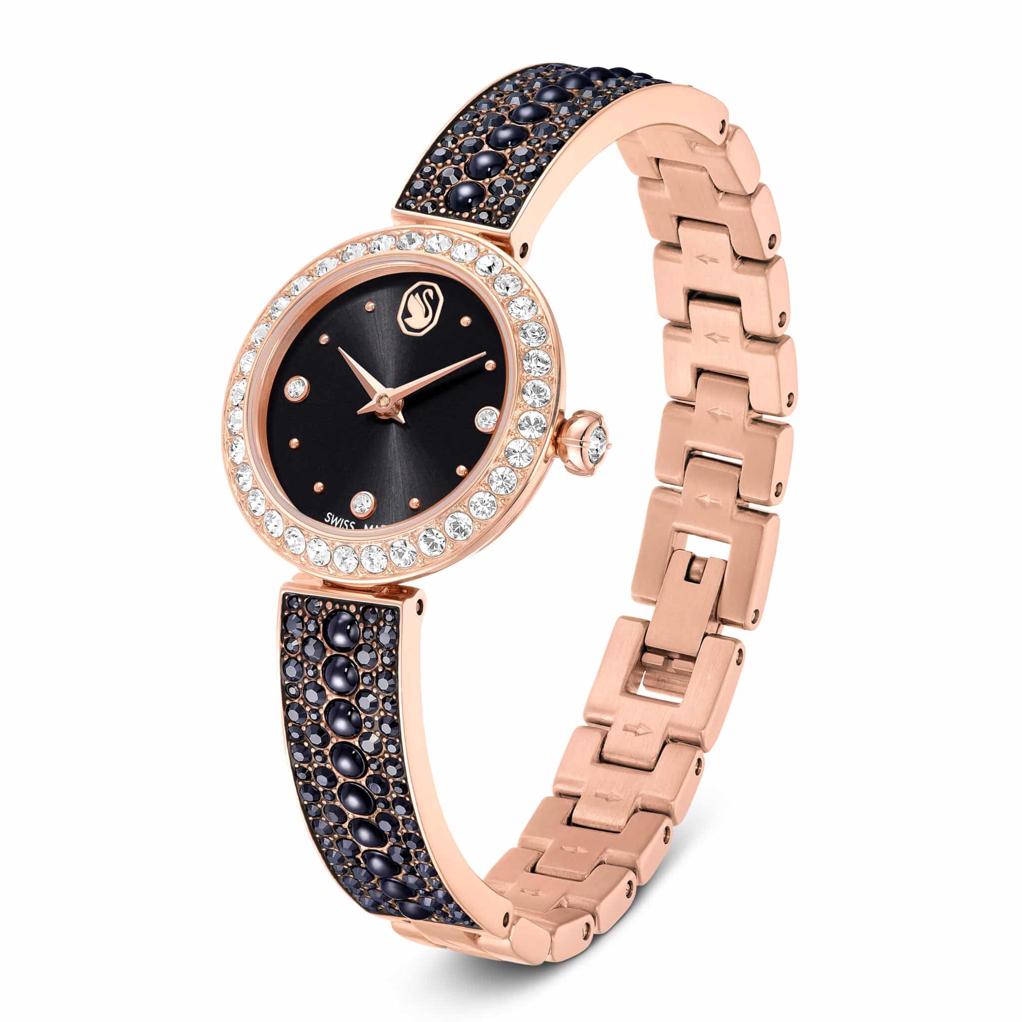 Swarovski Matrix pearl Bangle Watch, Swiss Made, Crystal Bracelet, Black, Rose gold-tone finish -Swarovski