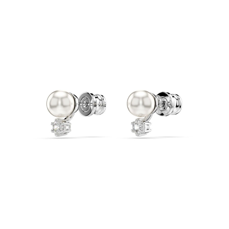 Swarovski Matrix Stud Earrings, Crystal Pearl, Round Cut, White, Rhodium Plated -Swarovski