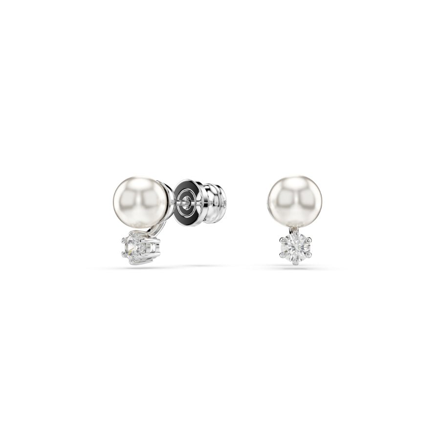Swarovski Matrix Stud Earrings, Crystal Pearl, Round Cut, White, Rhodium Plated -Swarovski