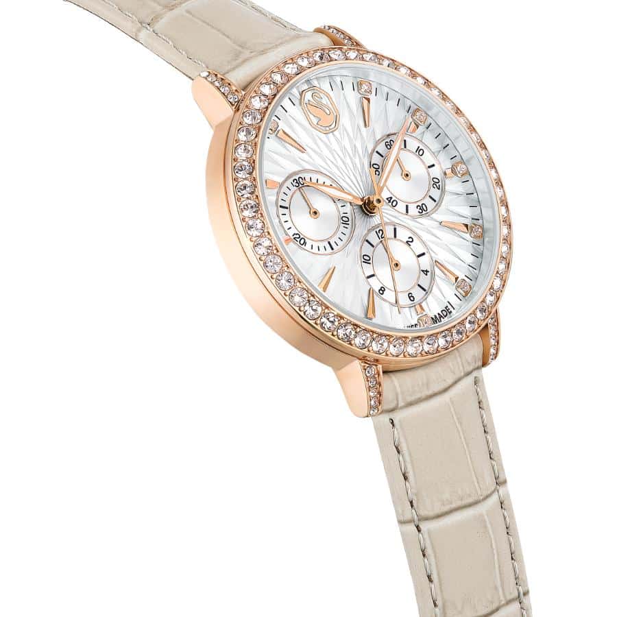 Swarovski Matrix Tennis Chrono Watch, Swiss Made, Leather strap, Beige, Rose gold-tone Finish -Swarovski
