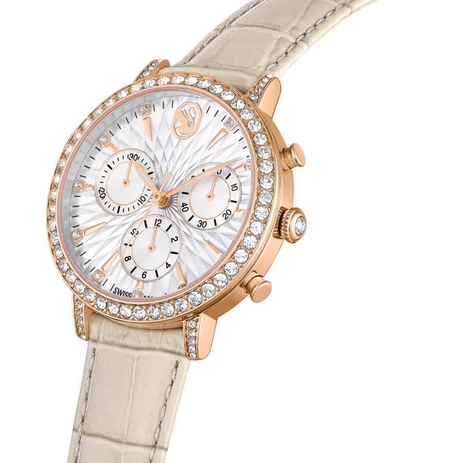 Swarovski Matrix Tennis Chrono Watch, Swiss Made, Leather strap, Beige, Rose gold-tone Finish -Swarovski