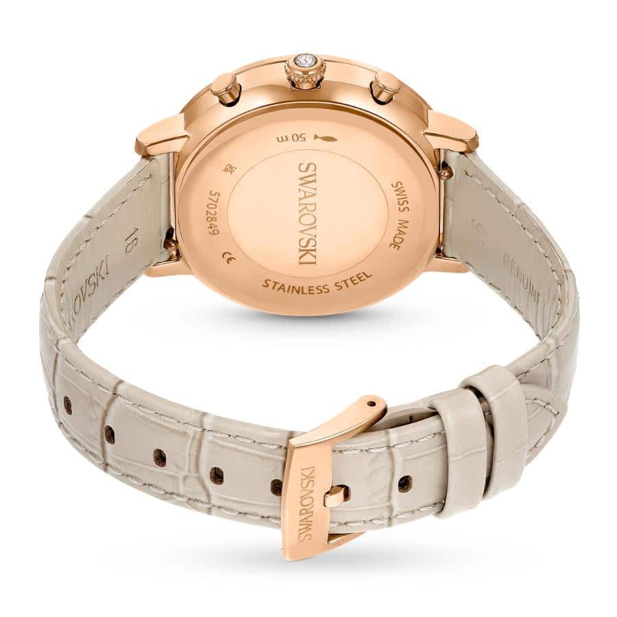 Swarovski Matrix Tennis Chrono Watch, Swiss Made, Leather strap, Beige, Rose gold-tone Finish -Swarovski