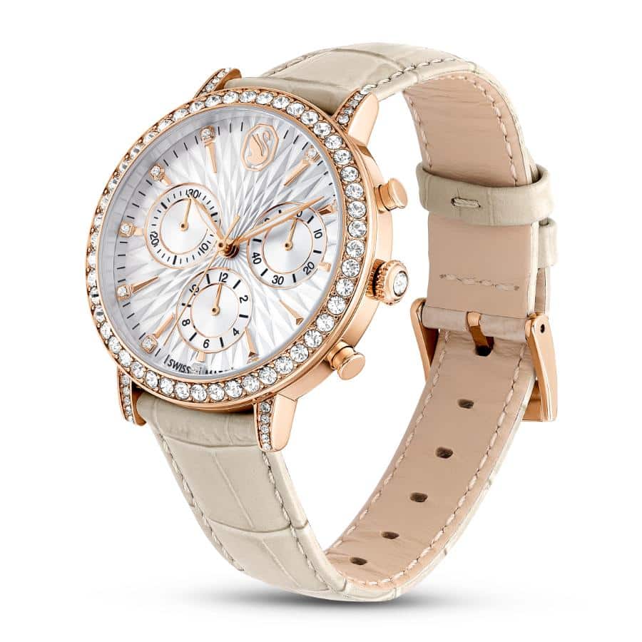 Swarovski Matrix Tennis Chrono Watch, Swiss Made, Leather strap, Beige, Rose gold-tone Finish -Swarovski