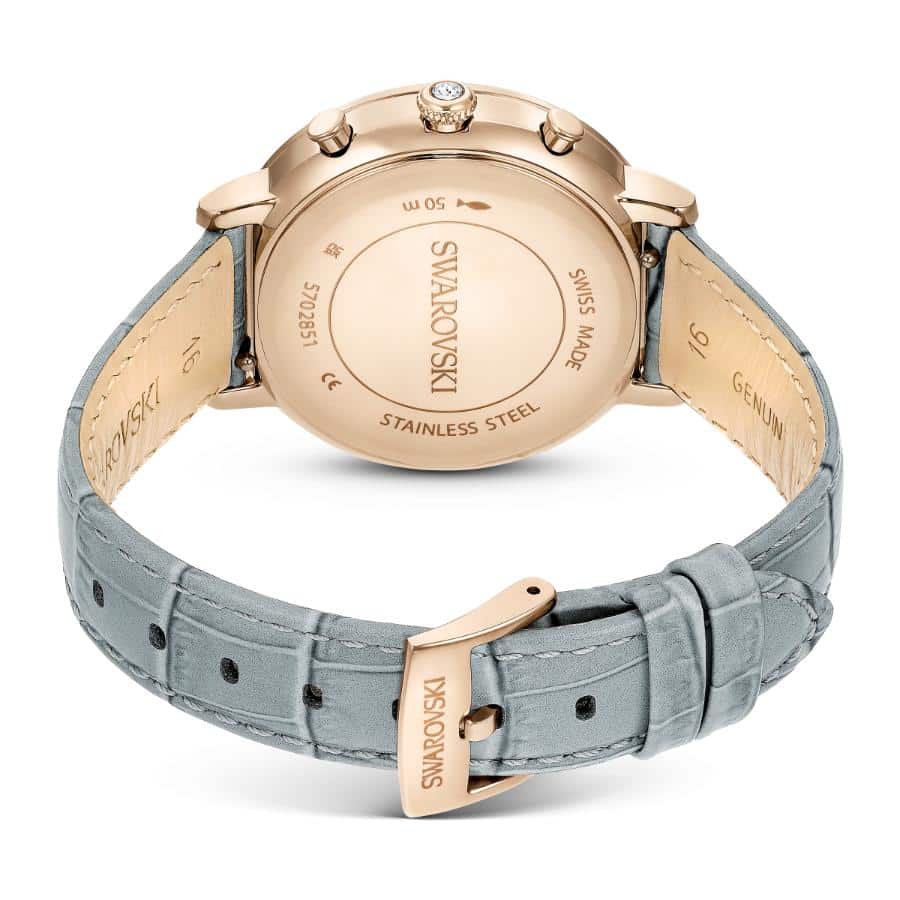 Swarovski Matrix Tennis Chrono Watch, Swiss Made, Leather Strap, Gray, Champagne gold-tone Finish -Swarovski