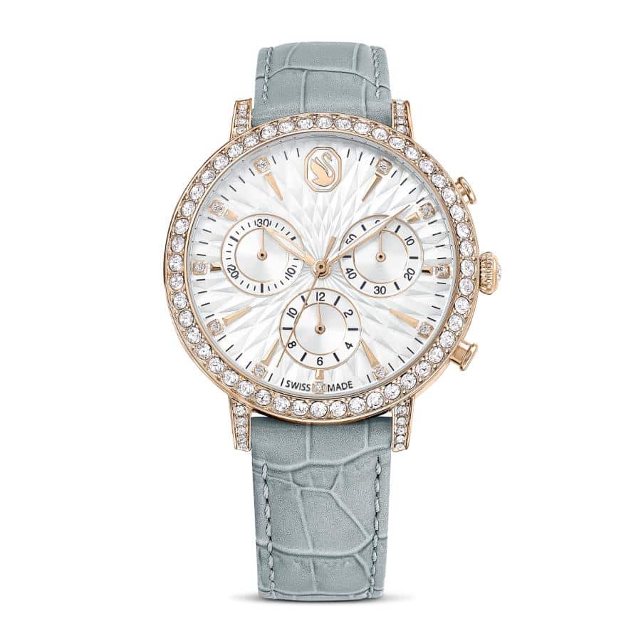 Swarovski Matrix Tennis Chrono Watch, Swiss Made, Leather Strap, Gray, Champagne gold-tone Finish -Swarovski