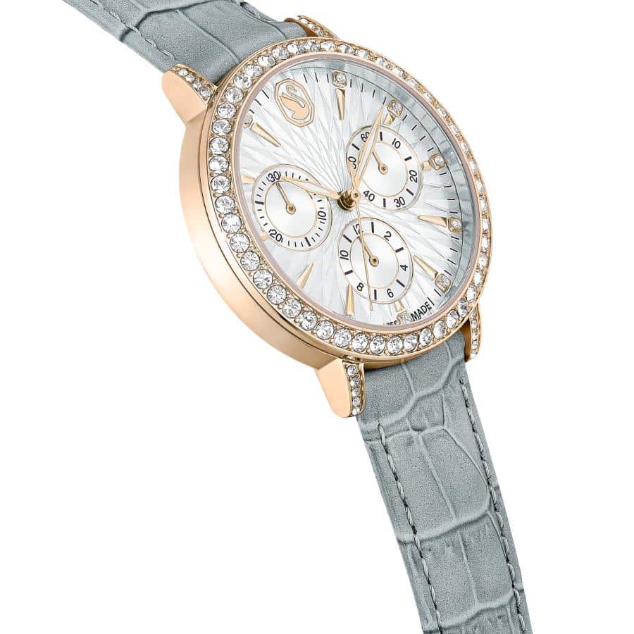 Swarovski Matrix Tennis Chrono Watch, Swiss Made, Leather Strap, Gray, Champagne gold-tone Finish -Swarovski