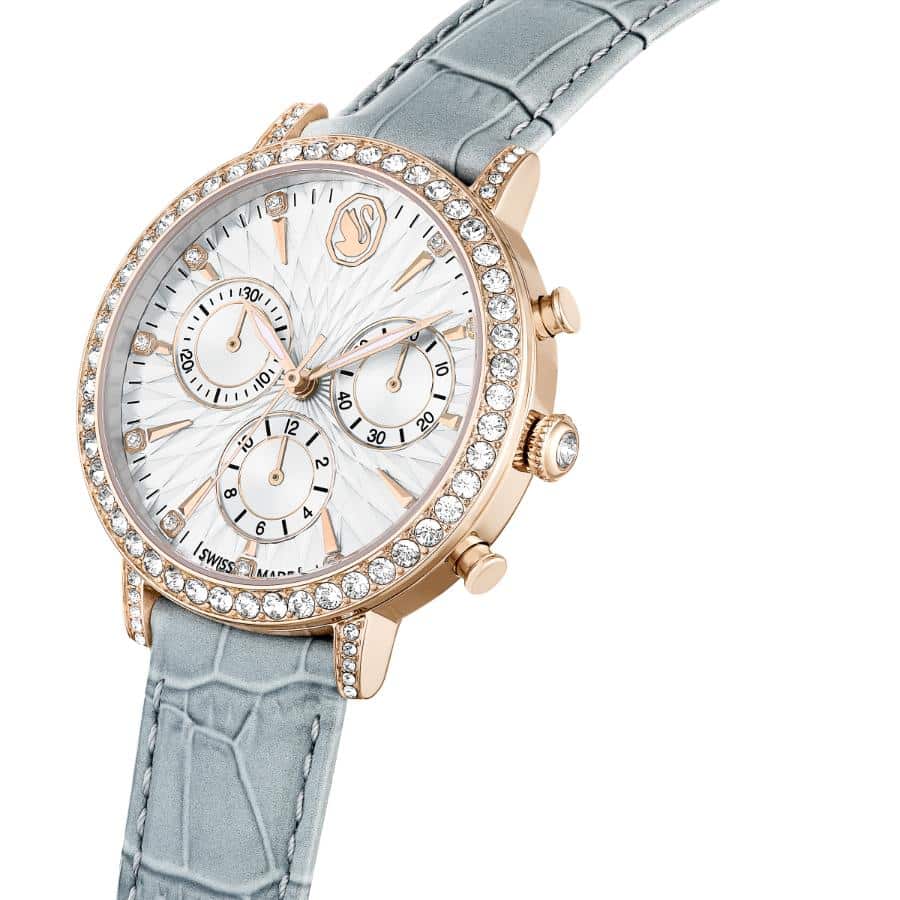 Swarovski Matrix Tennis Chrono Watch, Swiss Made, Leather Strap, Gray, Champagne gold-tone Finish -Swarovski