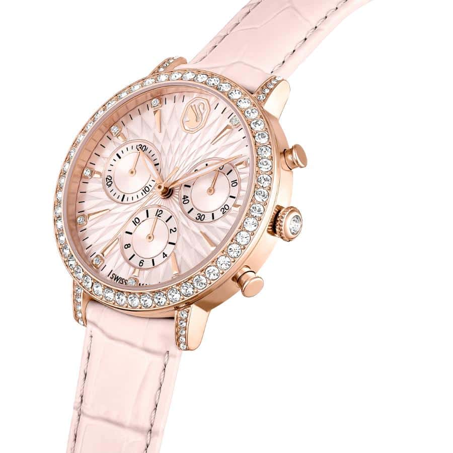 Swarovski Matrix Tennis Chrono Watch, Swiss Made, Leather Strap, Pink, Rose gold-tone Finish -Swarovski