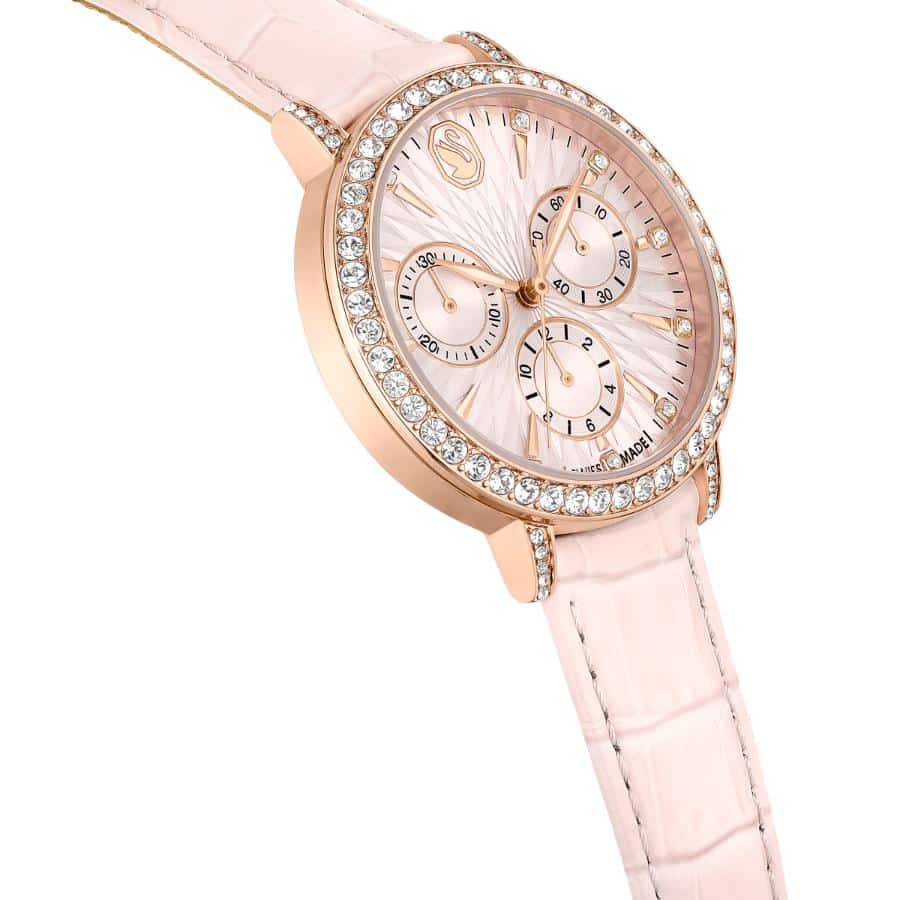 Swarovski Matrix Tennis Chrono Watch, Swiss Made, Leather Strap, Pink, Rose gold-tone Finish -Swarovski