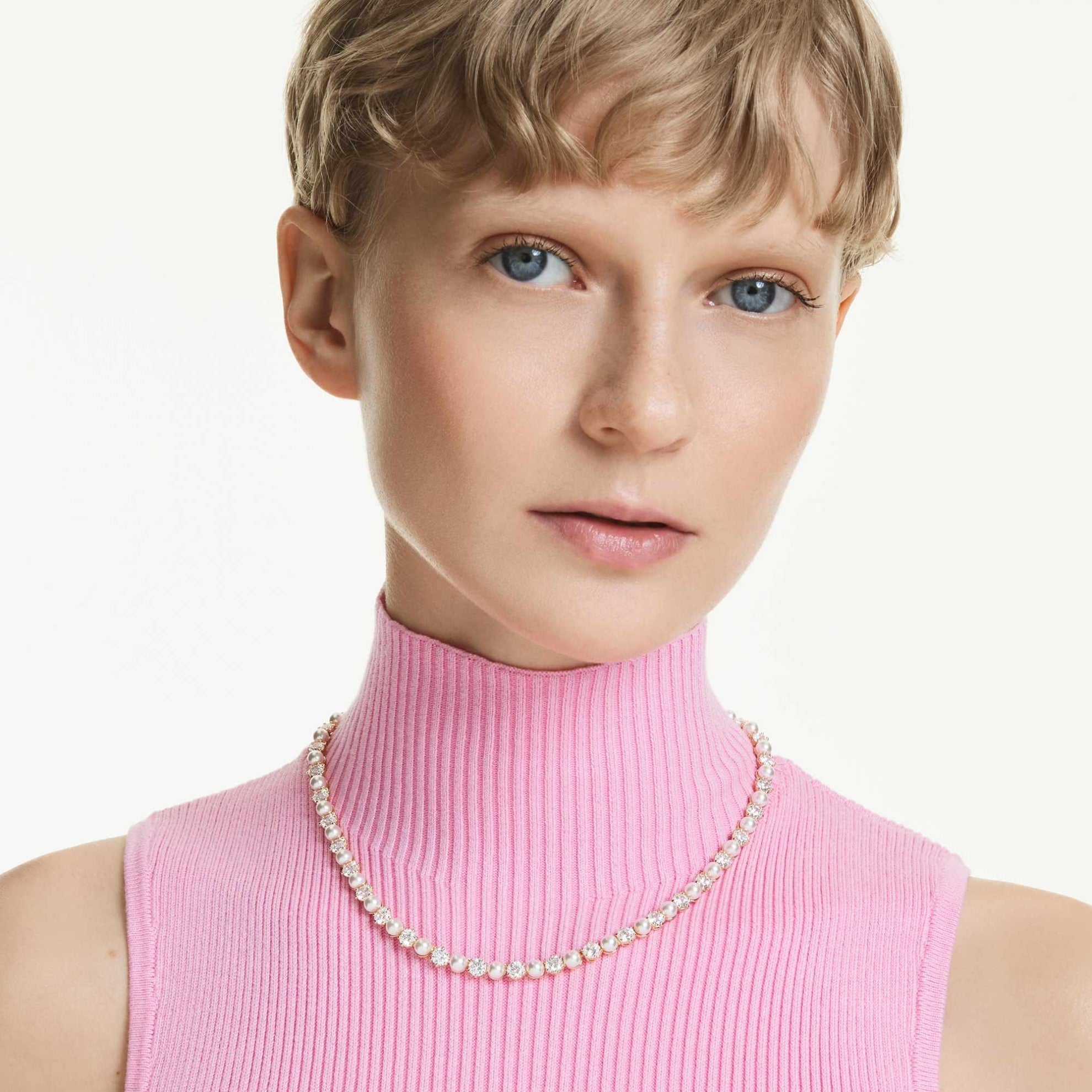 Swarovski Matrix Tennis Necklace, Crystal pearl, Round cut, White, Gold-tone plated -Swarovski