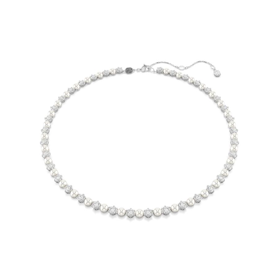 Swarovski Matrix Tennis Necklace, Crystal Pearl, Round cut, White, Rhodium Plated -Swarovski