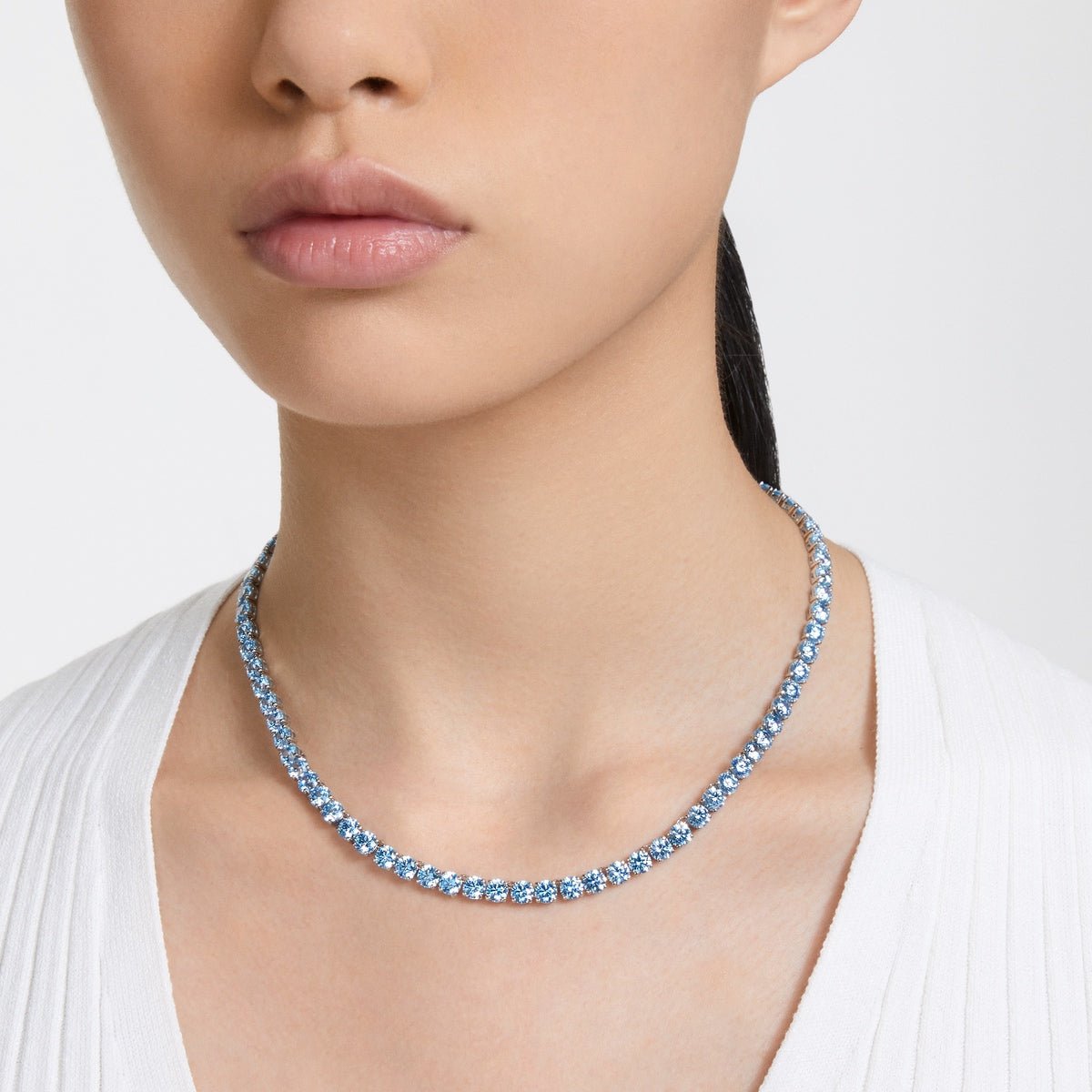 Swarovski Matrix Tennis Necklace Round Cut, Medium, Blue, Rhodium Plated -Swarovski