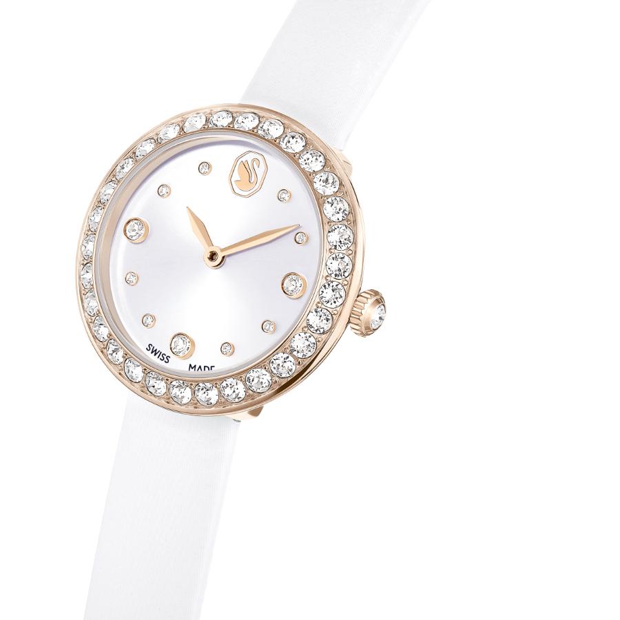 Swarovski Matrix Tennis Watch, Swiss Made, Leather Strap, White, Champagne gold-tone Finish -Swarovski