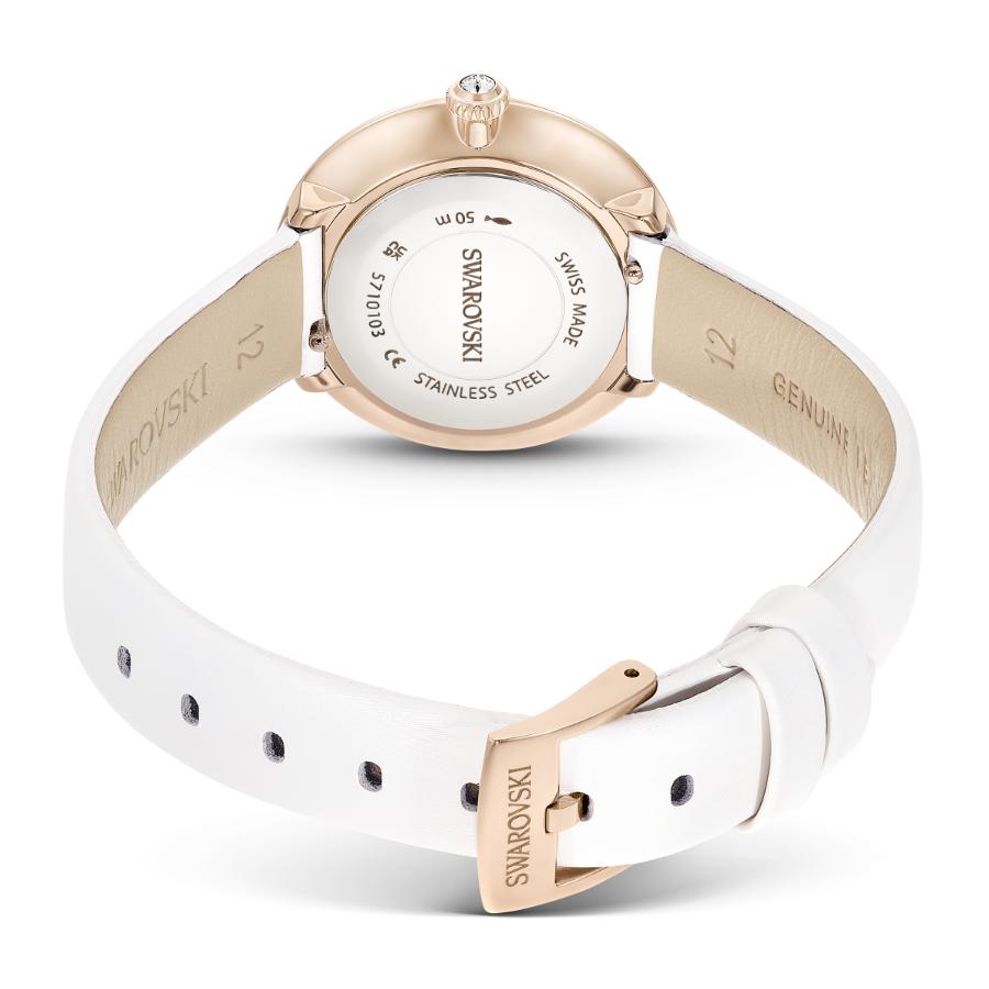 Swarovski Matrix Tennis Watch, Swiss Made, Leather Strap, White, Champagne gold-tone Finish -Swarovski