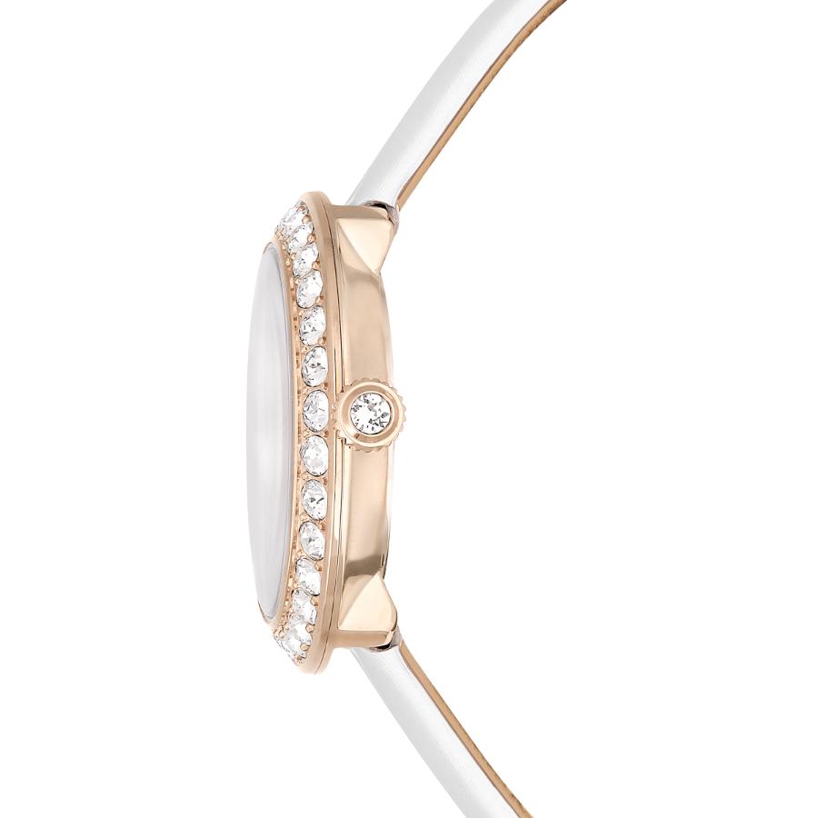 Swarovski Matrix Tennis Watch, Swiss Made, Leather Strap, White, Champagne gold-tone Finish -Swarovski
