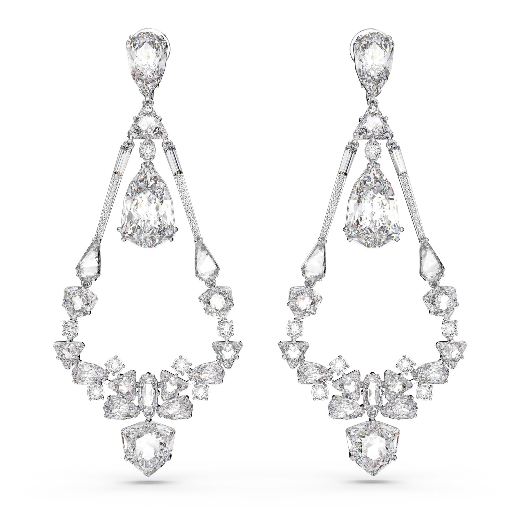 Swarovski Mesmera Clip Earrings Mixed Cuts Chandelier White, Rhodium Plated -Swarovski