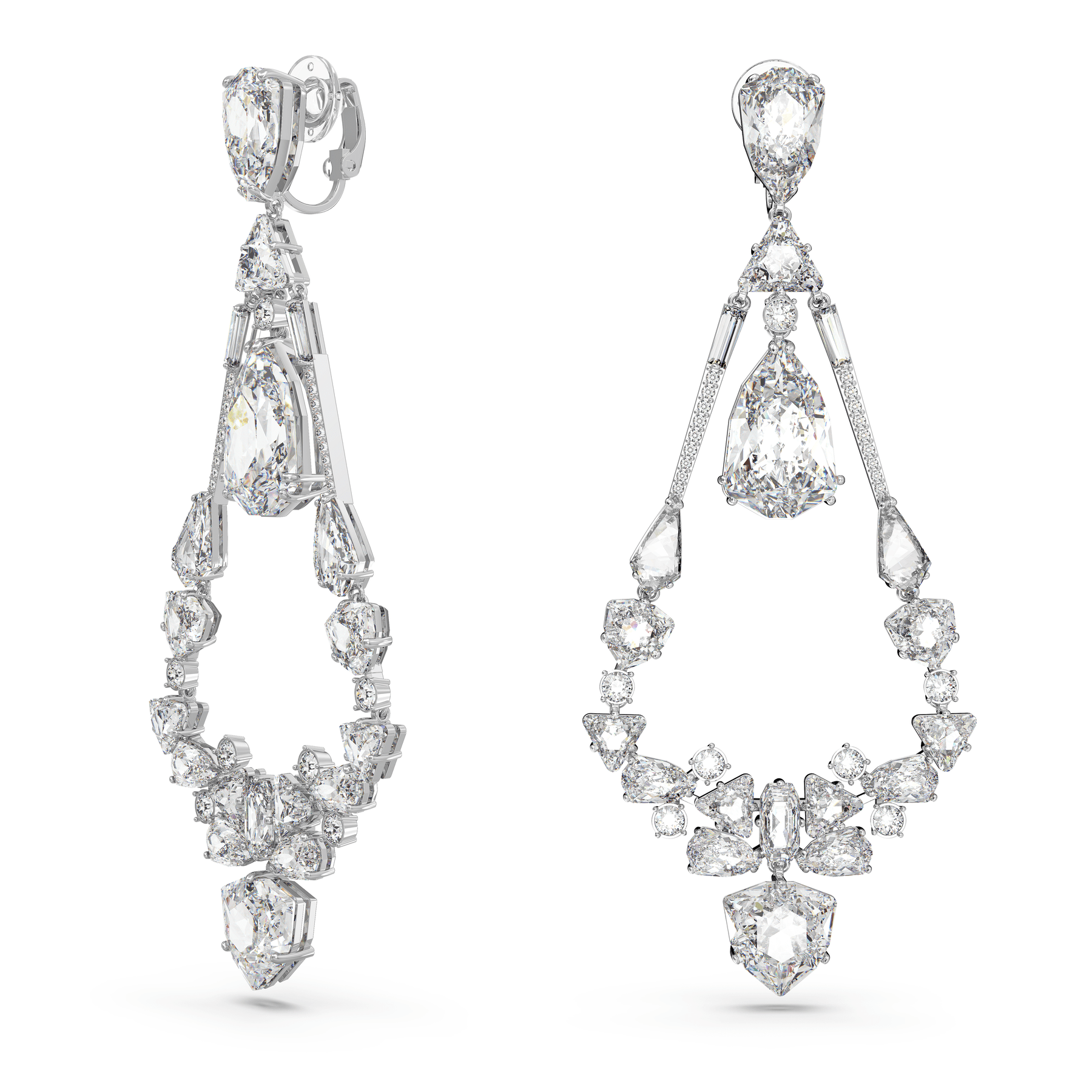 Swarovski Mesmera Clip Earrings Mixed Cuts Chandelier White, Rhodium Plated -Swarovski