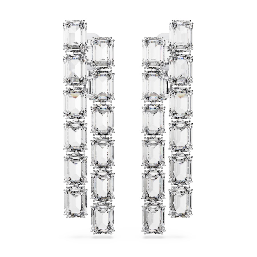 Swarovski Millenia Clip Earrings, Octagon Cut, Long, White, Rhodium Plated -Swarovski