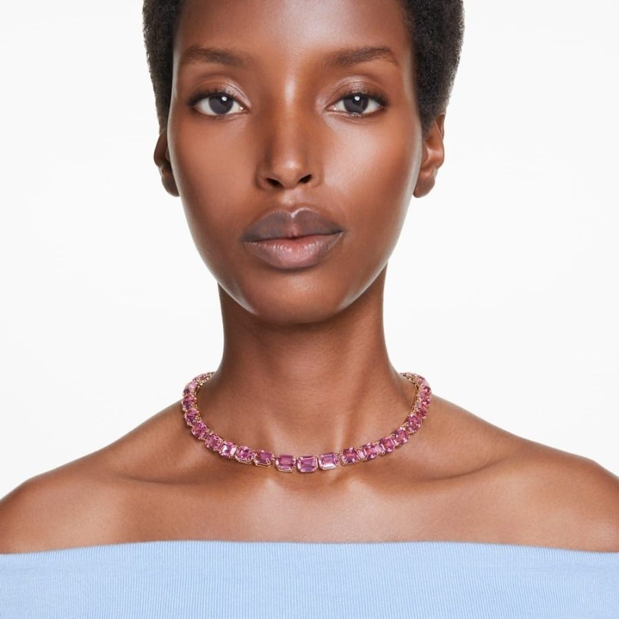 Swarovski Millenia Tennis Necklace Octagon cut, Pink, Gold-Tone Plated -Swarovski