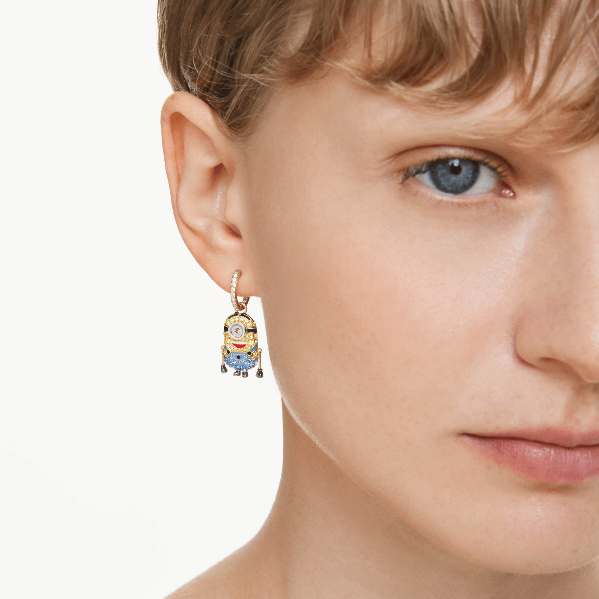 Swarovski Minions Stuart and Banana Hoop Earrings, Pavé, Mini, Multicolored, Gold-tone plated -Swarovski