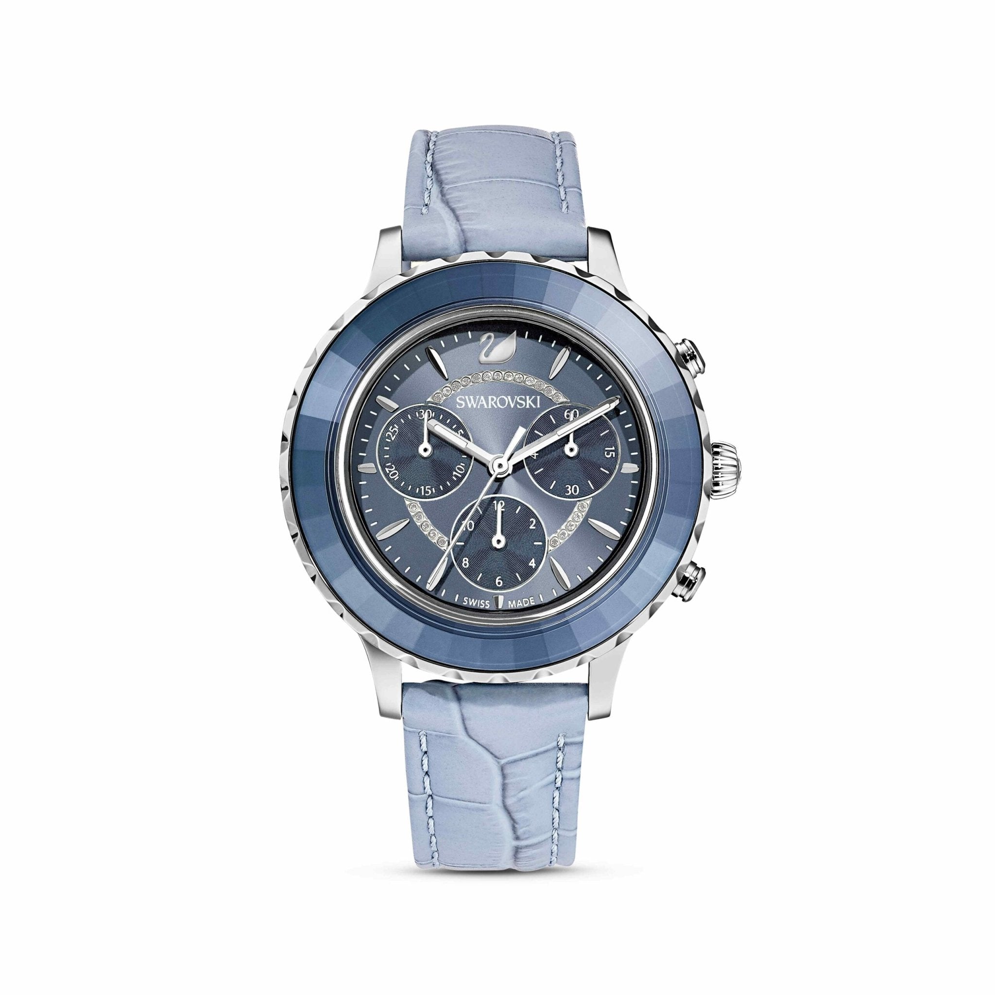 Swarovski Octea lux chrono watch Swiss Made, Leather strap, Blue, Stainless steel -Swarovski