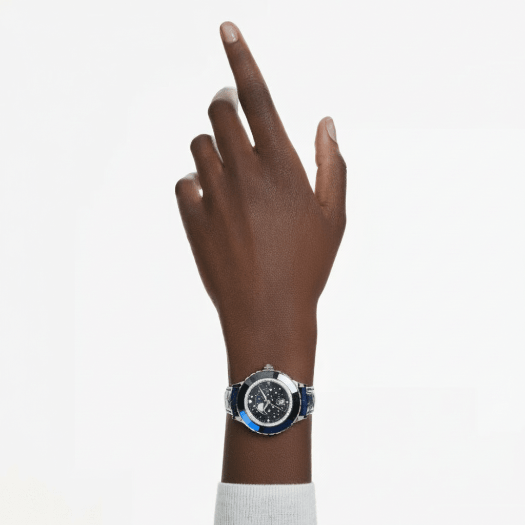 Swarovski Octea Moon Watch, Swiss Made, Moon, Leather Strap, Blue finish -Swarovski