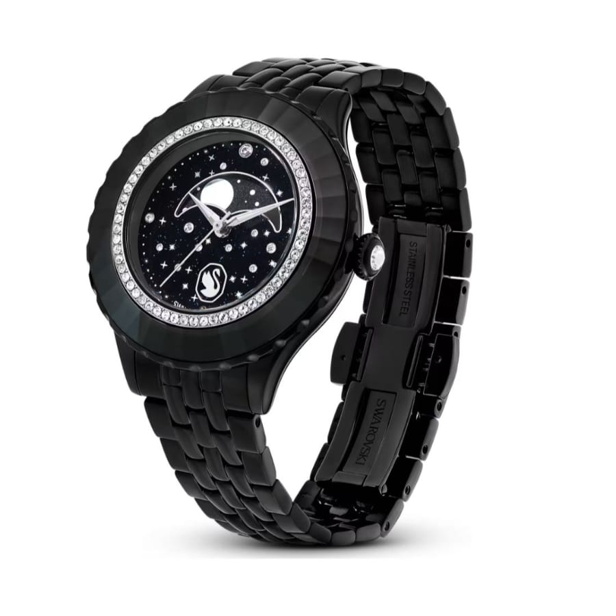 Swarovski Octea Moon Watch, Swiss Made, Moon, Metal Bracelet, Black Finish -Swarovski