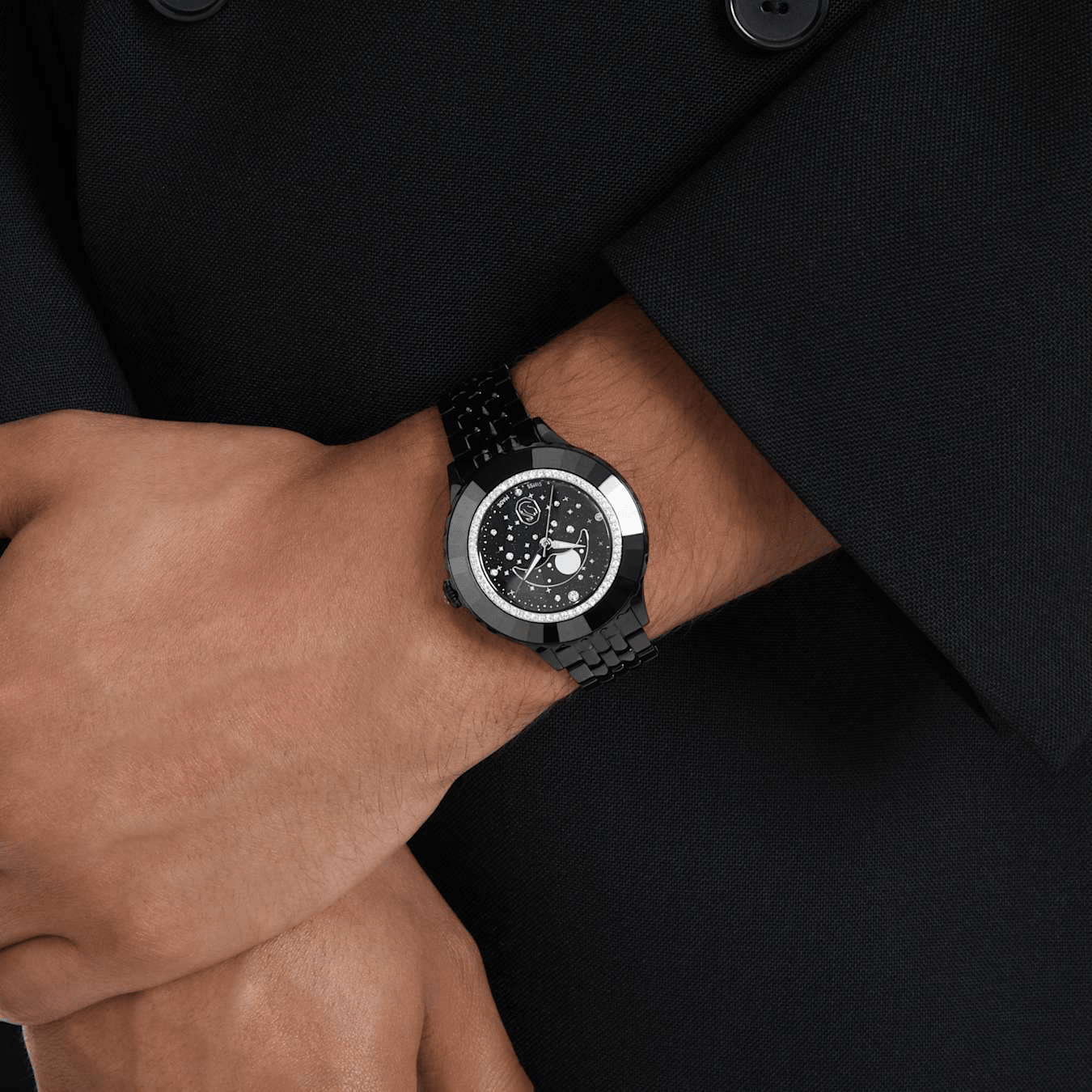 Swarovski Octea Moon Watch, Swiss Made, Moon, Metal Bracelet, Black Finish -Swarovski