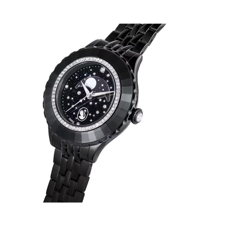 Swarovski Octea Moon Watch, Swiss Made, Moon, Metal Bracelet, Black Finish -Swarovski