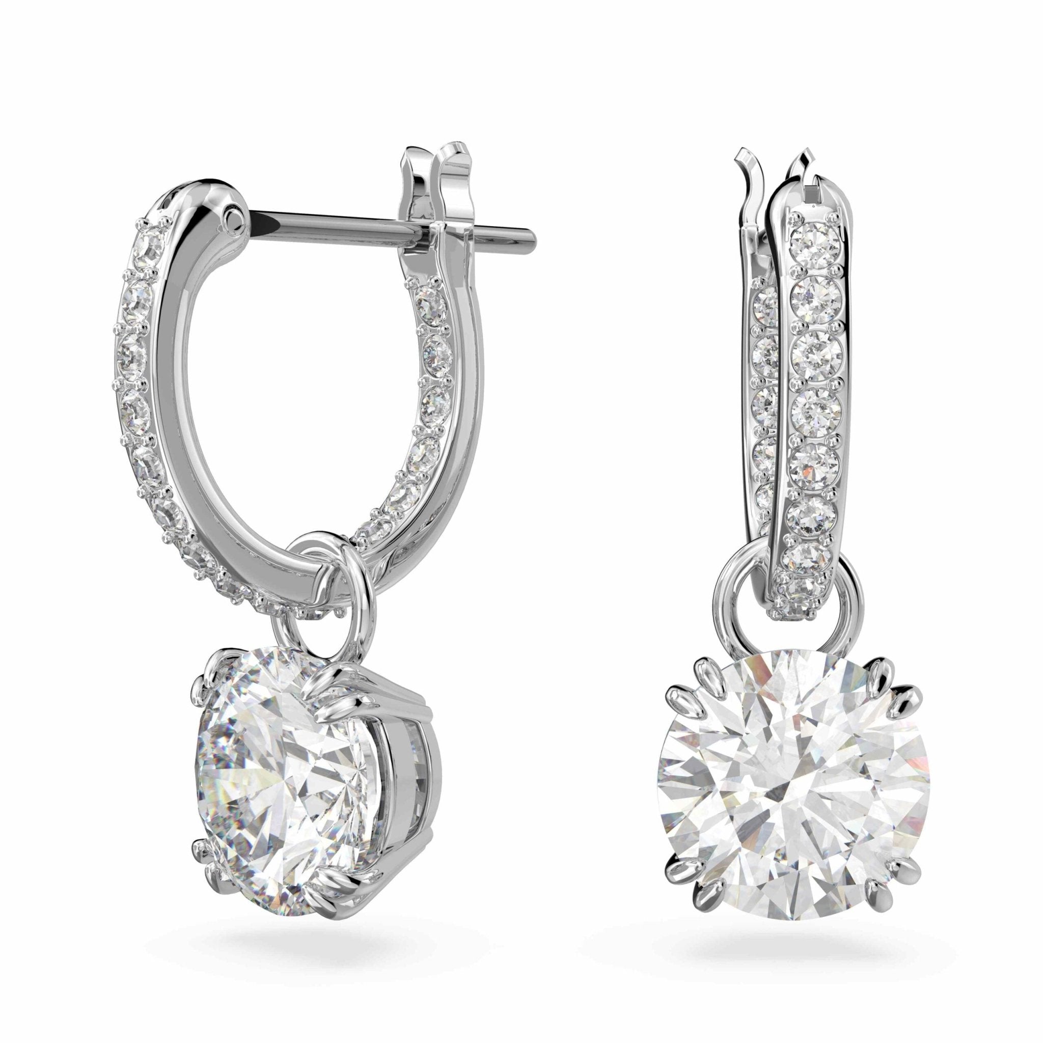 Swarovski Stilla drop earrings Round cut, White, Rhodium plated -Swarovski