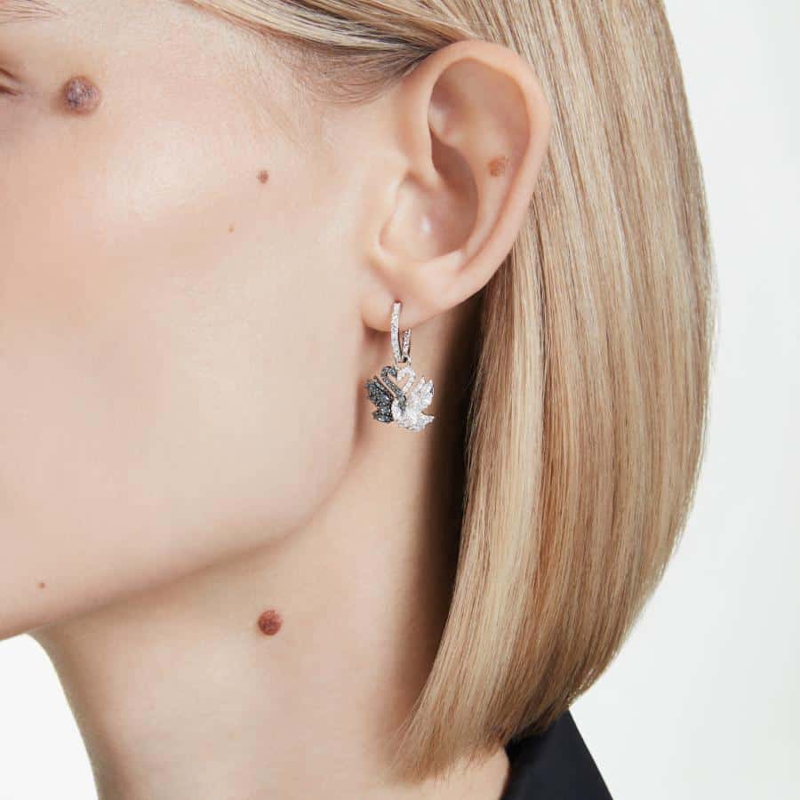 Swarovski Swan Drop Earrings, Swan, Black, Rhodium Plated -Swarovski