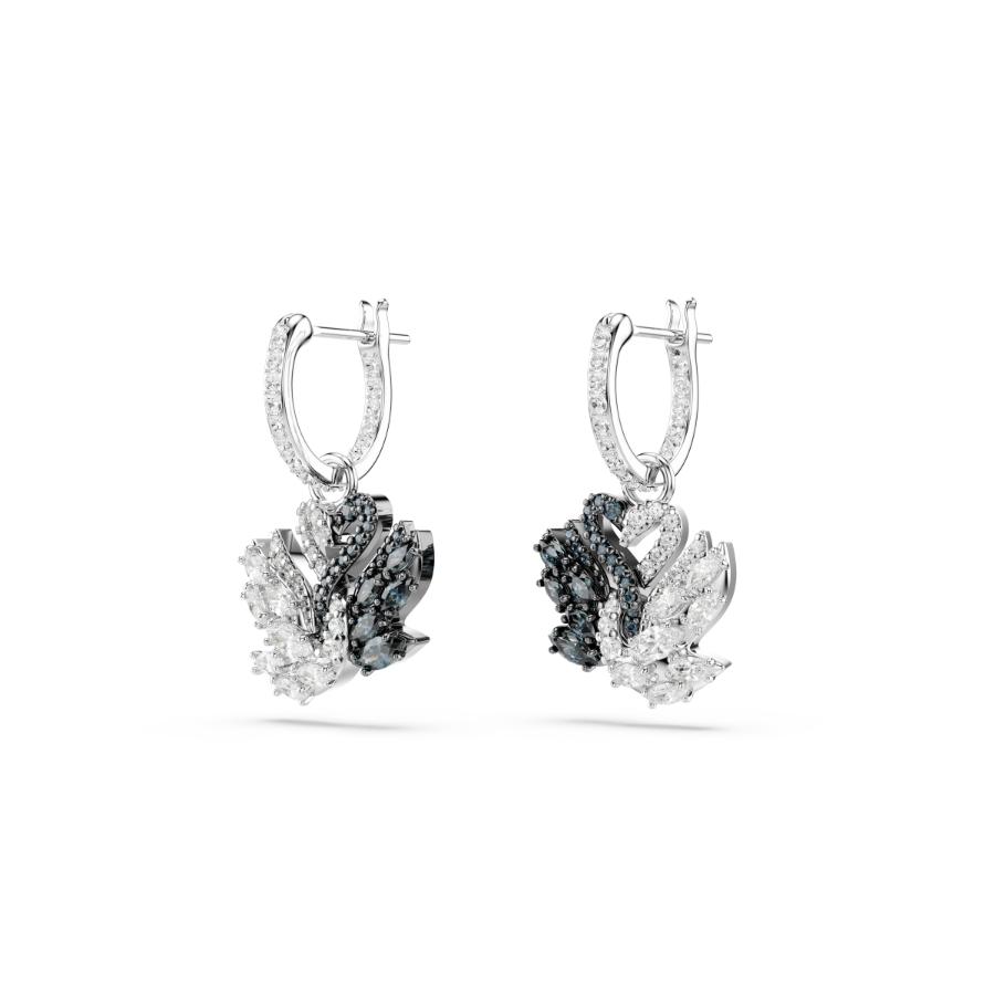 Swarovski Swan Drop Earrings, Swan, Black, Rhodium Plated -Swarovski