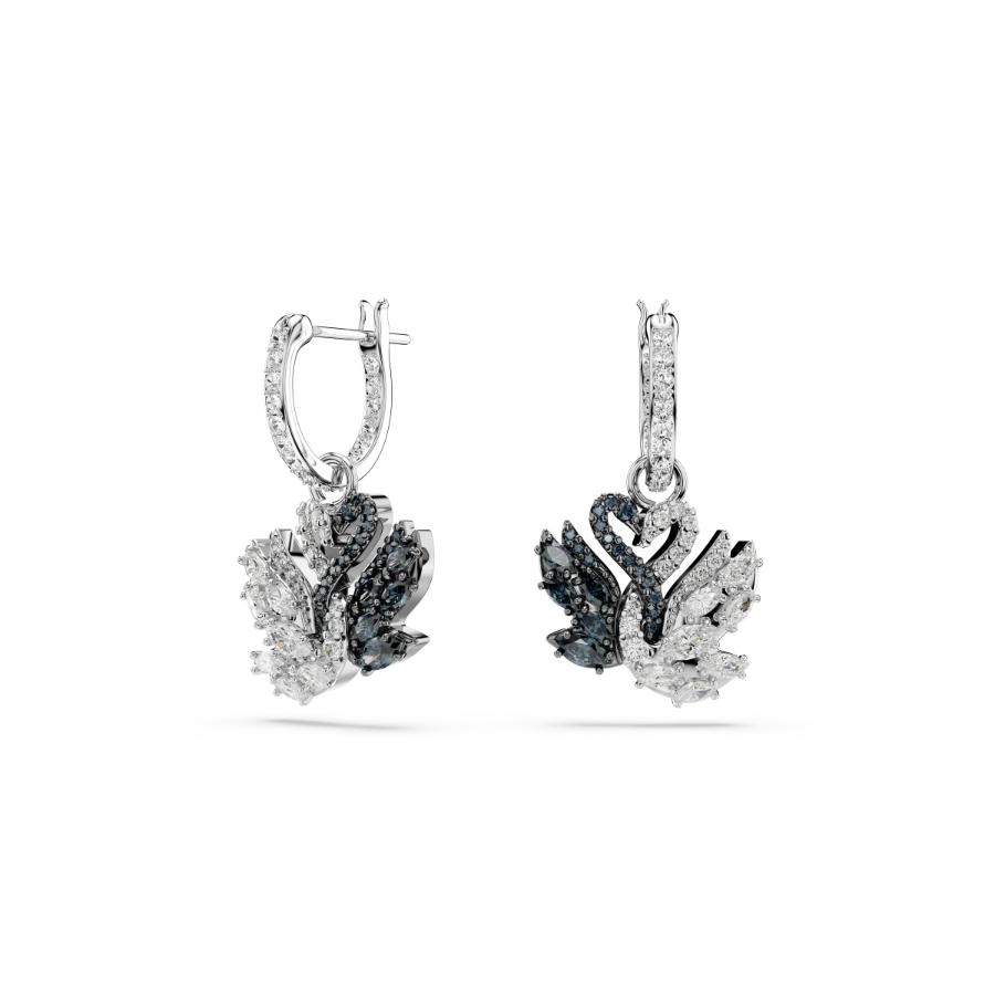 Swarovski Swan Drop Earrings, Swan, Black, Rhodium Plated -Swarovski