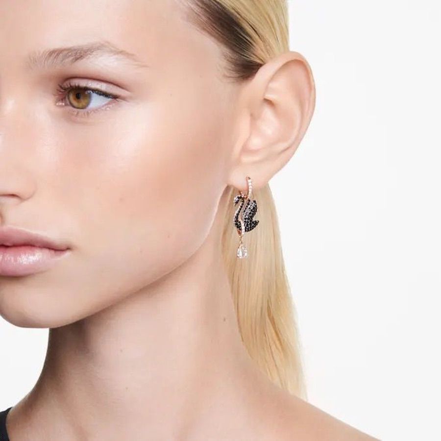 Swarovski Swan Drop Earrings Swan Black Rose gold-tone plated -Swarovski
